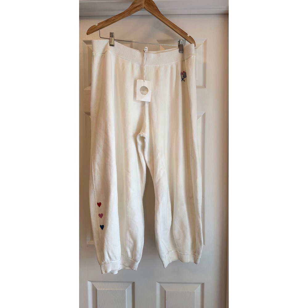Daily Practice Jogger Women XL White Embroidered Tennis Rackets Hearts Knit Pant